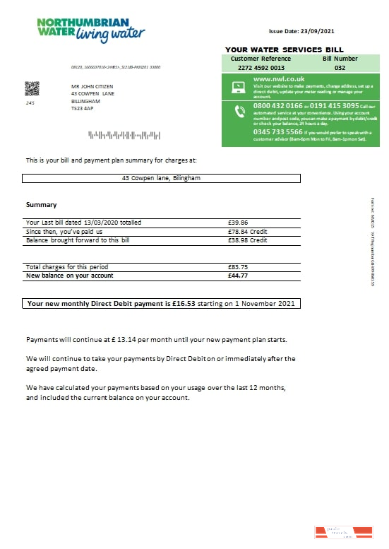 United Kingdom Northumbrian Water utility bill template in Word and PDF format, version 1